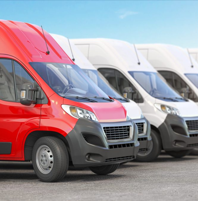 Red delivery van in a row of white vans. Best express delivery and shipemt service concept. 3d illustration